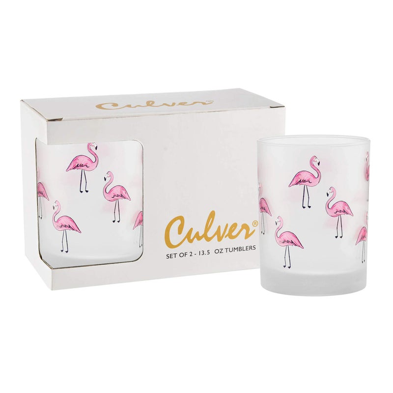 Culver Tropical Decorated Frosted Double Old Fashioned Tumbler Glasses, 13.5-Ounce, Gift Boxed Set of 2 (Flamingos) - Image 1